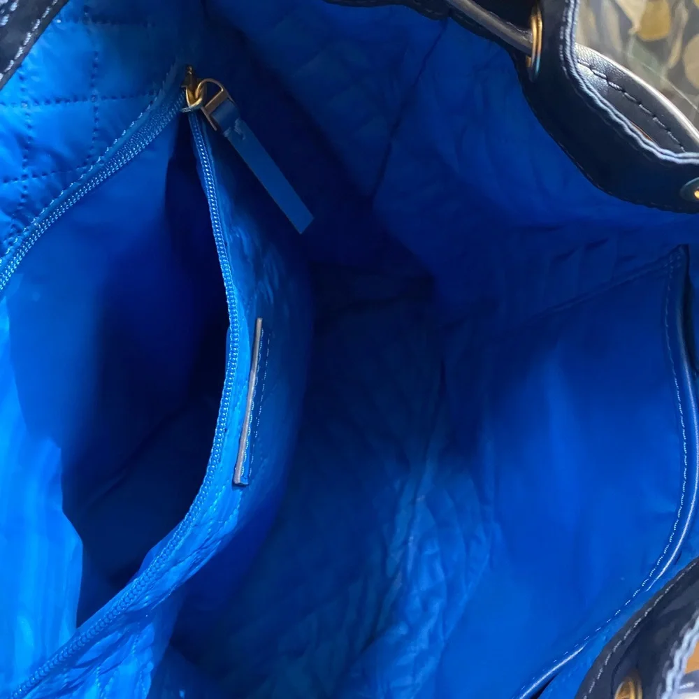 Tory Burch Navy Backpack with Tan Top Handle and Blue Trim
